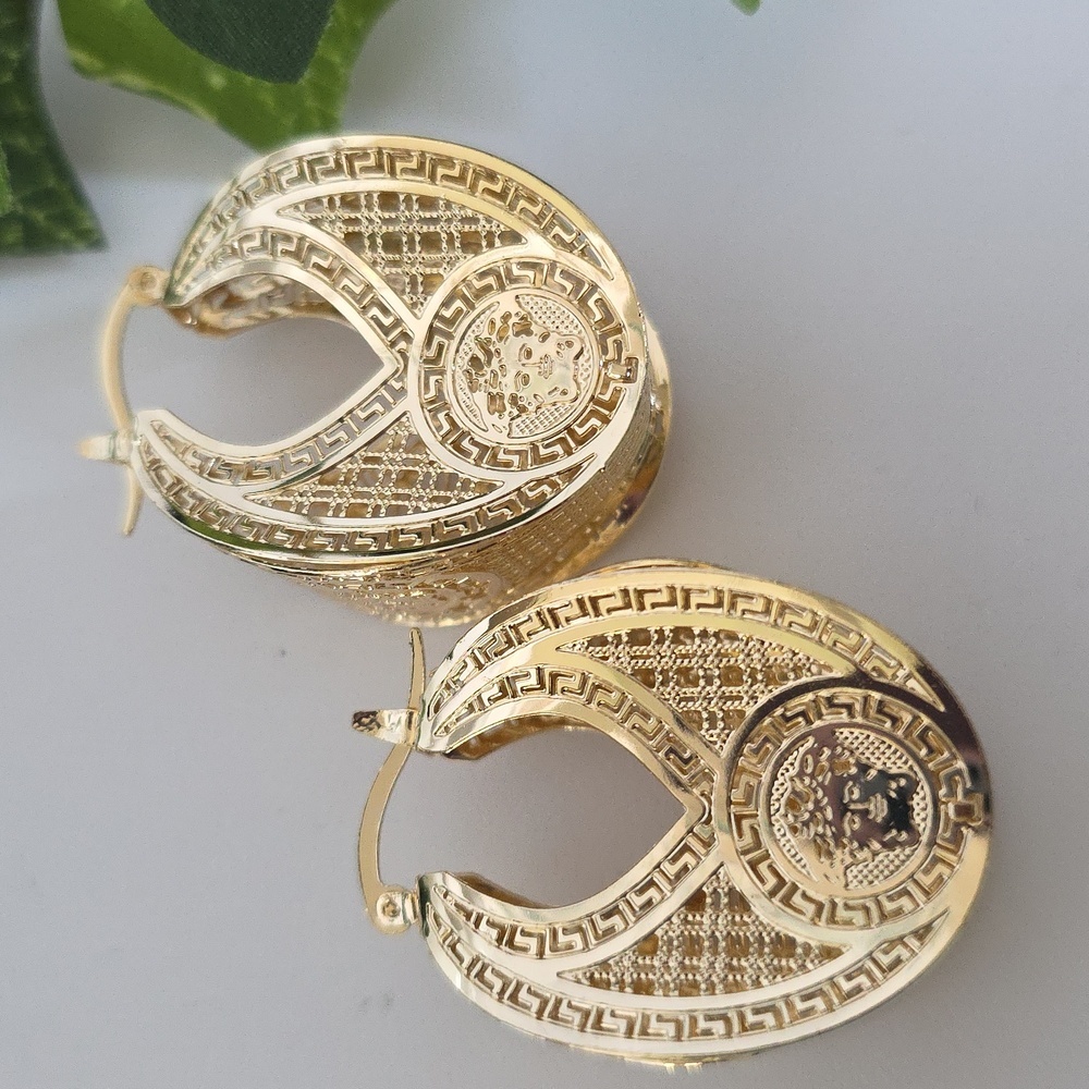 Gold Mesh Basket Hoop Earrings Greek Key Medusa Design